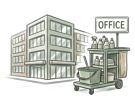 Office building with a cleaning cart, supplies, and an “OFFICE” sign nearby