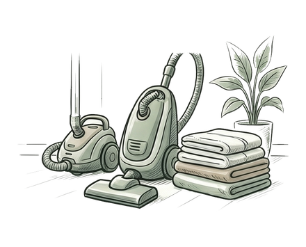 Two vacuum cleaners beside folded towels, with a potted plant on a clean floor
