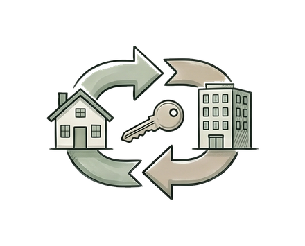 House and apartment with circular arrows and a key, suggesting property rental or leasing cycle