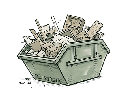 Overflowing green dumpster filled with broken wood and debris, with trash scattered nearby