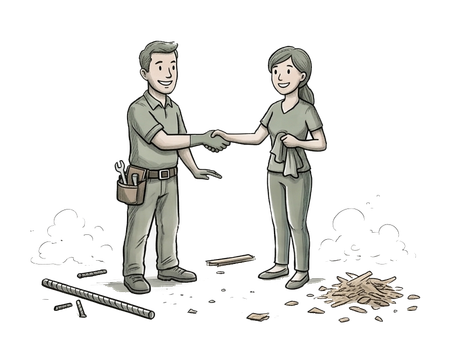 Two workers shaking hands over tools and debris in a cleanup or construction setting
