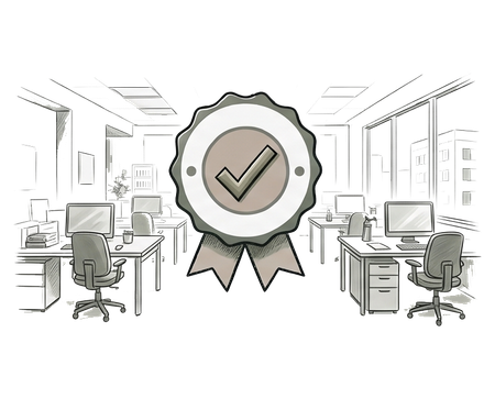 Office scene with a large award badge and checkmark centered between rows of desks