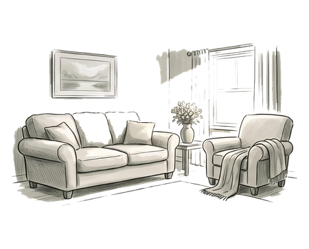 Sketch of a cozy living room with a sofa, armchair, side table, lamp, and window curtains