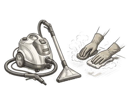 Vacuum cleaner beside gloved hands scrubbing a floor