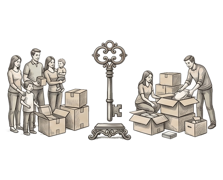 Two groups packing and unpacking boxes beside a large vintage key illustration