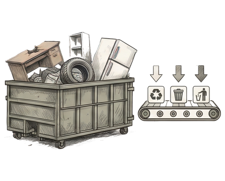 Metal dumpster overflowing with junk beside a conveyor belt sorting recycling, trash, and landfill waste icons