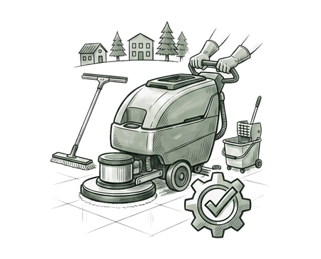 Self-propelled floor scrubber with cleaning tools and checkmark icon in a home setting