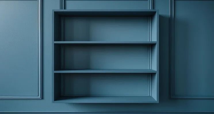 An empty shelf is hanging on a blue wall.