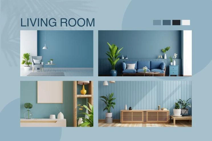A living room with blue walls and blue furniture