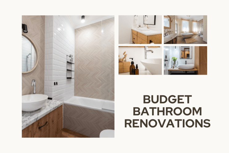 A collage of photos of a bathroom with the words `` budget bathroom renovations ''.