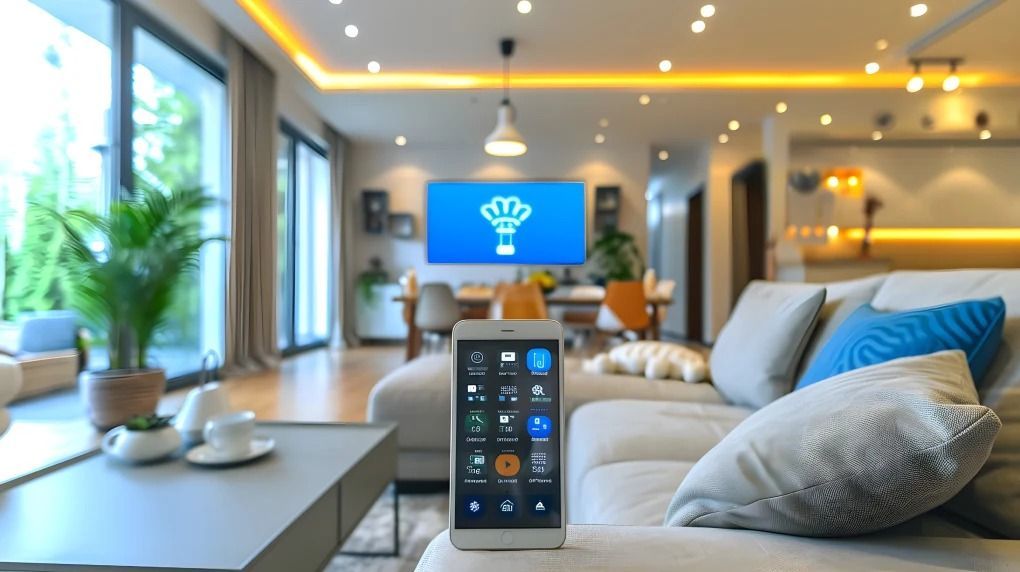 A smart phone is sitting on a couch in a living room.
