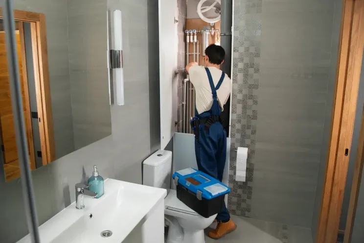 A plumber is working on a toilet in a bathroom.