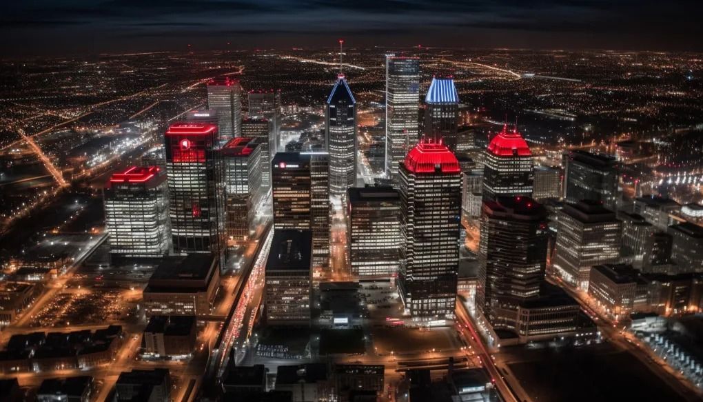 An aerial view of a city at night with lots of buildings lit up.