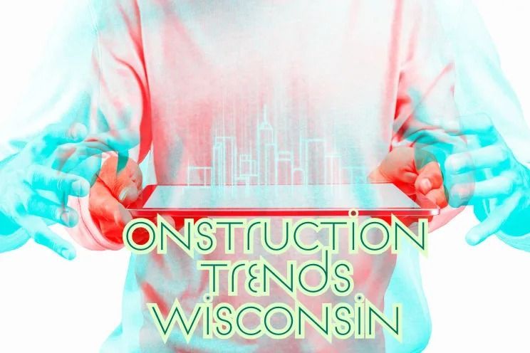 A person is holding a tablet with the words construction trends wisconsin on it.