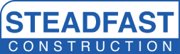 Logo for Steadfast Construction: white text on blue background. "STEADFAST" in rounded rectangle, "CONSTRUCTION" below.