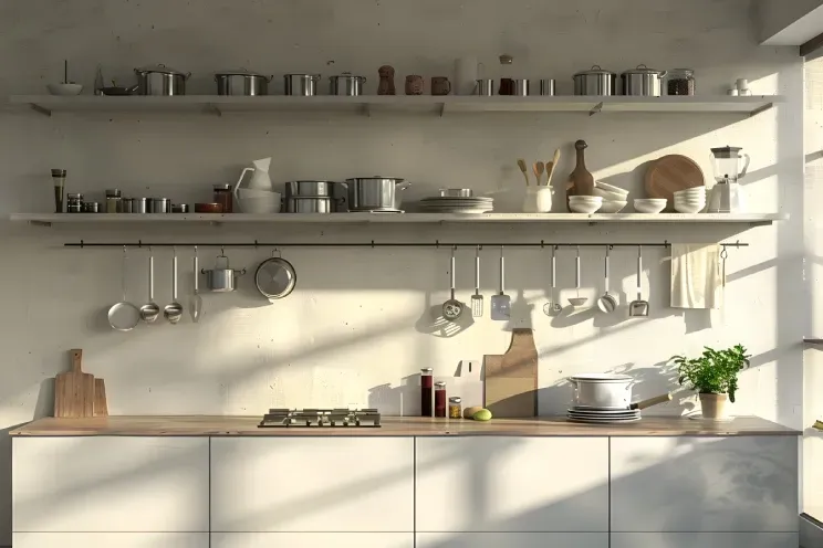 A kitchen with white cabinets , wooden counter tops , pots and pans on shelves and a window.