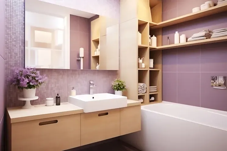 A bathroom with purple tiles , a sink , a mirror and a bathtub.