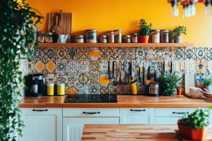 A kitchen with a yellow wall and a wooden counter top.