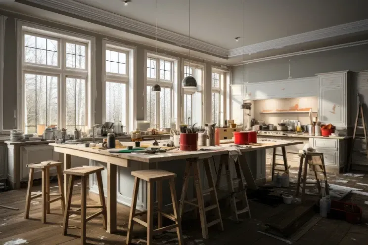 A kitchen with a long table and stools and a lot of windows.