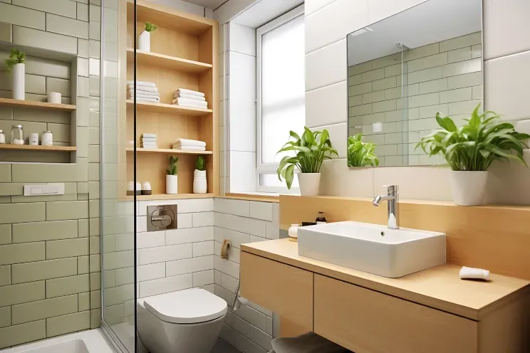 A bathroom with a toilet , sink , mirror and shower.
