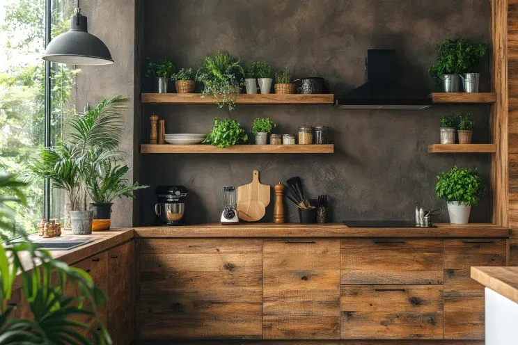 A kitchen with wooden cabinets and shelves filled with potted plants.