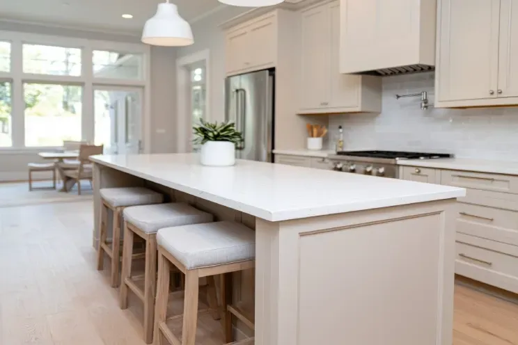 A kitchen with white cabinets and stools and a large island.