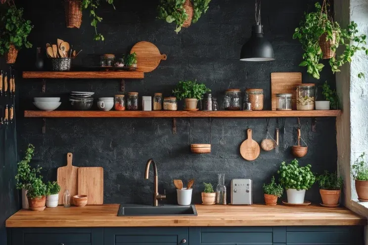 A kitchen with a sink , shelves , potted plants and utensils.