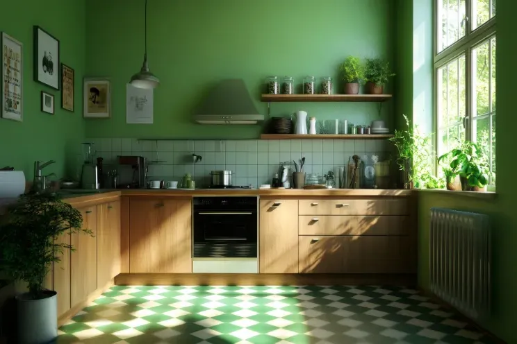A kitchen with green walls and wooden cabinets and a checkered floor.