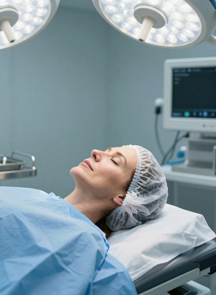 A woman is looking at her face in a mirror.