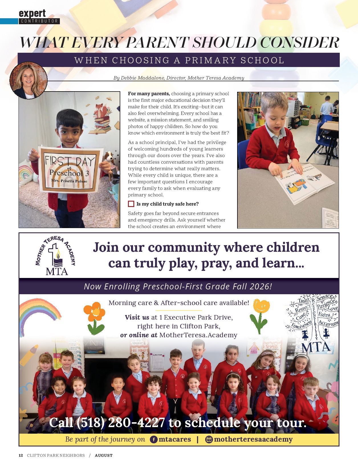 Preschool ad with children’s photos and text about enrolling at a Montessori school