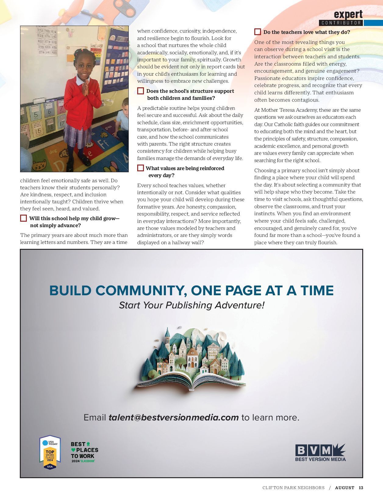 Community flyer with a child photo, text columns, and a banner reading “Build Community, One Page at a Time.”