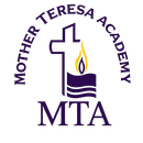 Mother Teresa Academy logo with purple cross, flame, open book, and “MTA” text