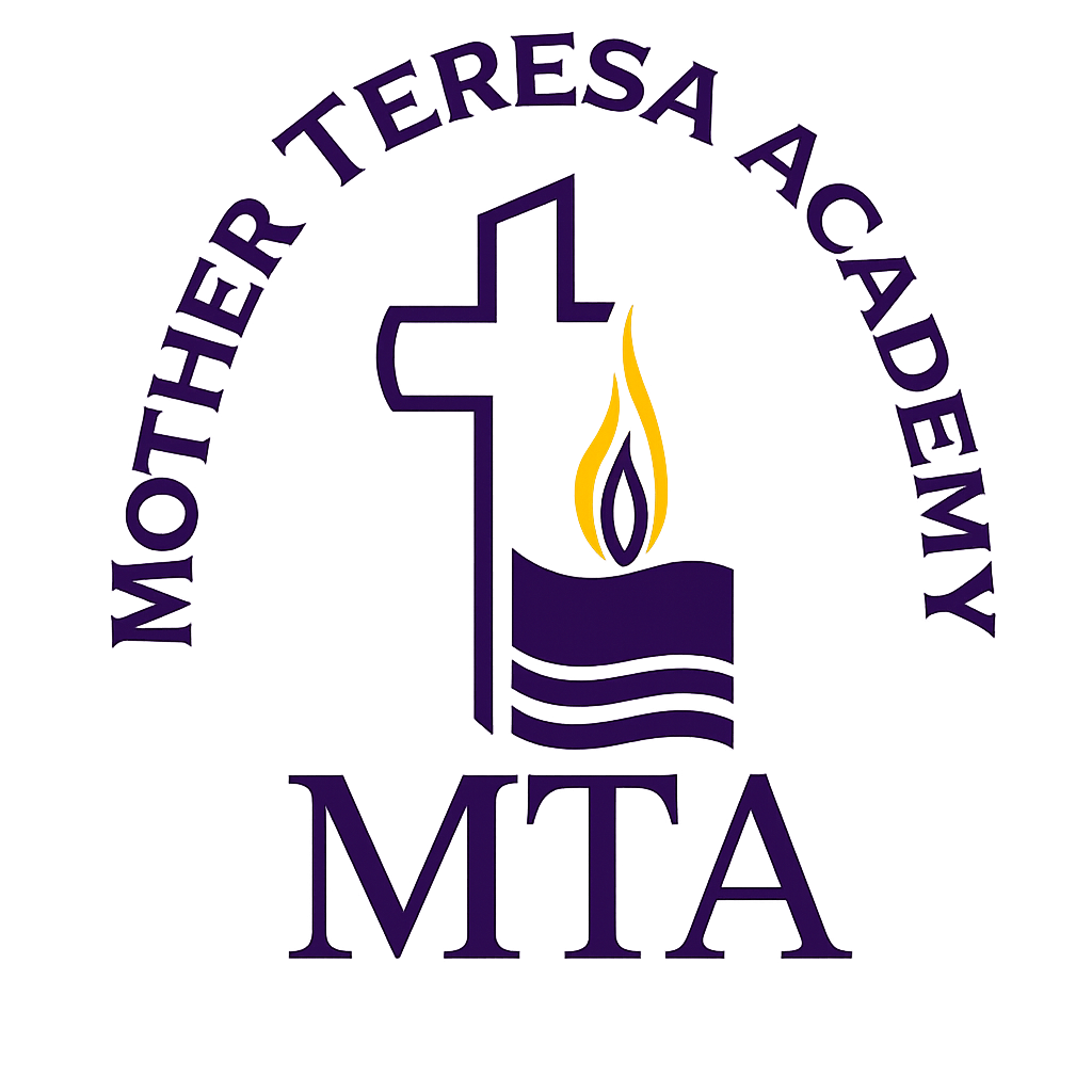 Mother Teresa Academy logo with purple cross, flame, open book, and “MTA” text