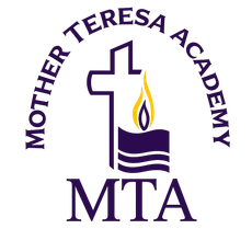 Mother Teresa Academy logo with purple cross, flame, open book, and “MTA” text