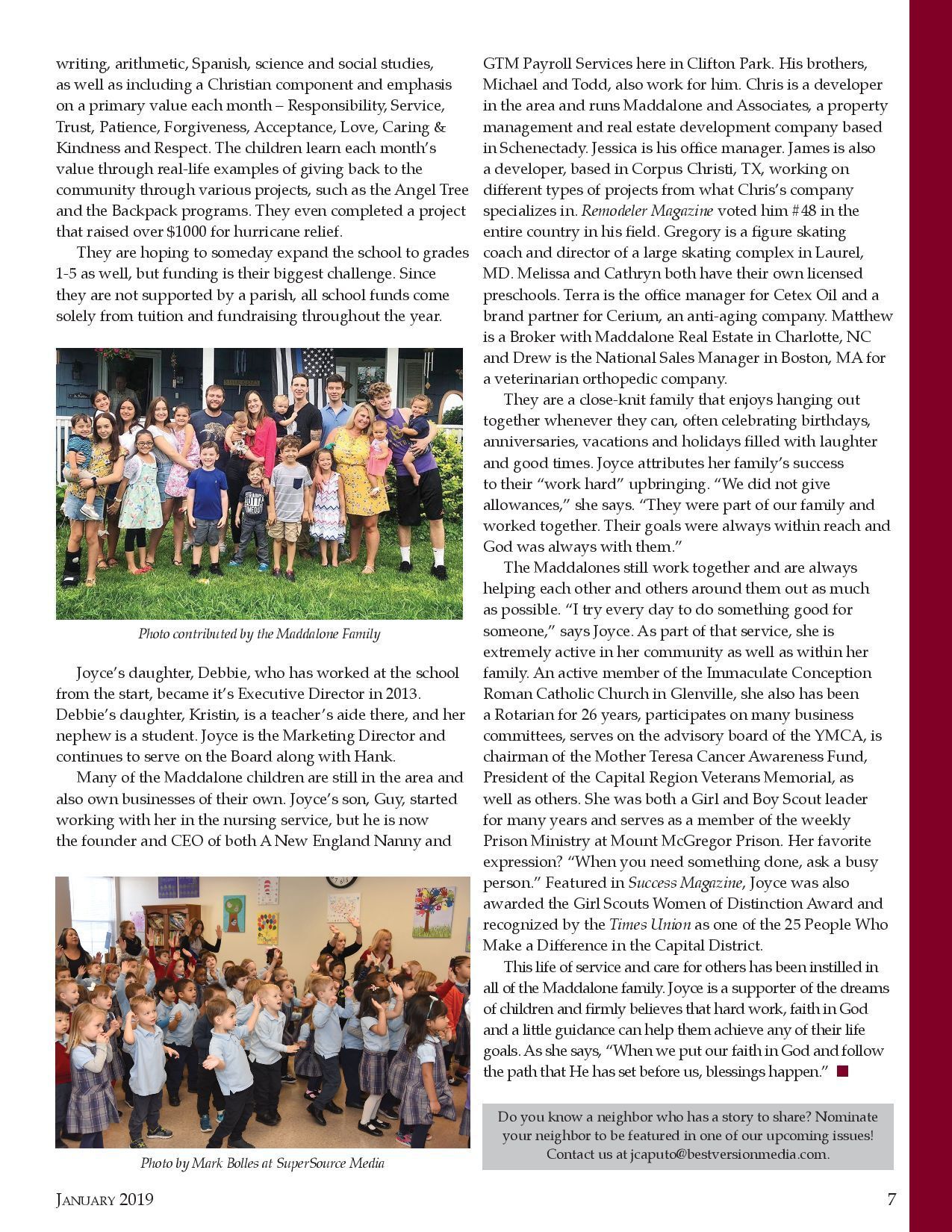 Newsletter page with text columns and two group photos of children indoors and outdoors