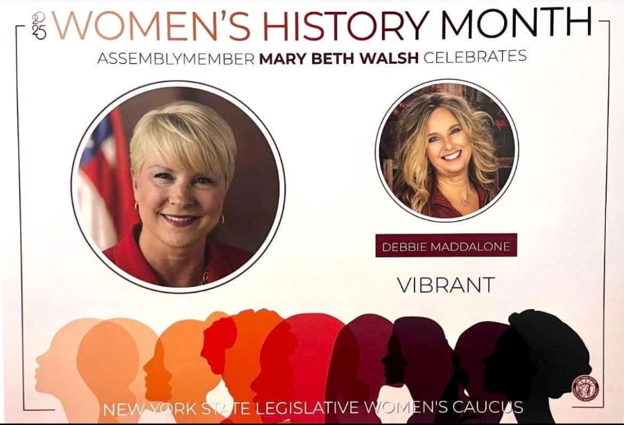 Women’s History Month poster featuring two women’s portraits and colorful silhouettes with legislative caucus branding