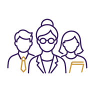 Three outlined office coworkers in purple and gold line art, standing together on a white background