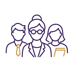 Three outlined office coworkers in purple and gold line art, standing together on a white background