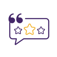 Purple speech bubble with three stars and quotation marks, symbolizing feedback or reviews