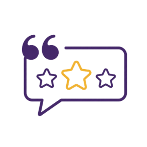 Purple speech bubble with three stars and quotation marks, symbolizing feedback or reviews