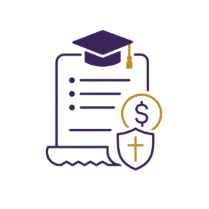 Scholarship document with graduation cap and dollar shield icons in purple and gold
