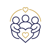 Three abstract figures in navy holding a gold heart, with a gold arc and heart above on white background