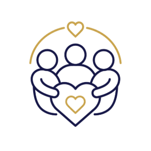 Three abstract figures in navy holding a gold heart, with a gold arc and heart above on white background