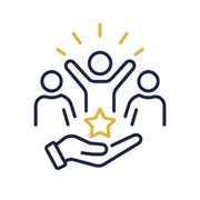 Hands cradling a star beneath three outlined figures with yellow rays, symbolizing support and achievement