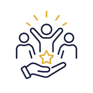 Hands cradling a star beneath three outlined figures with yellow rays, symbolizing support and achievement