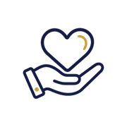 Hand holding a heart icon with a gold accent