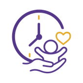 Purple clock over hands cradling a person icon, with a gold heart and small gold accents