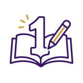 Open book with a large number 1 and pencil in purple and gold line art