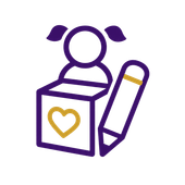 Purple outline icon of a child’s face with pigtails, a heart on a box, and a pencil