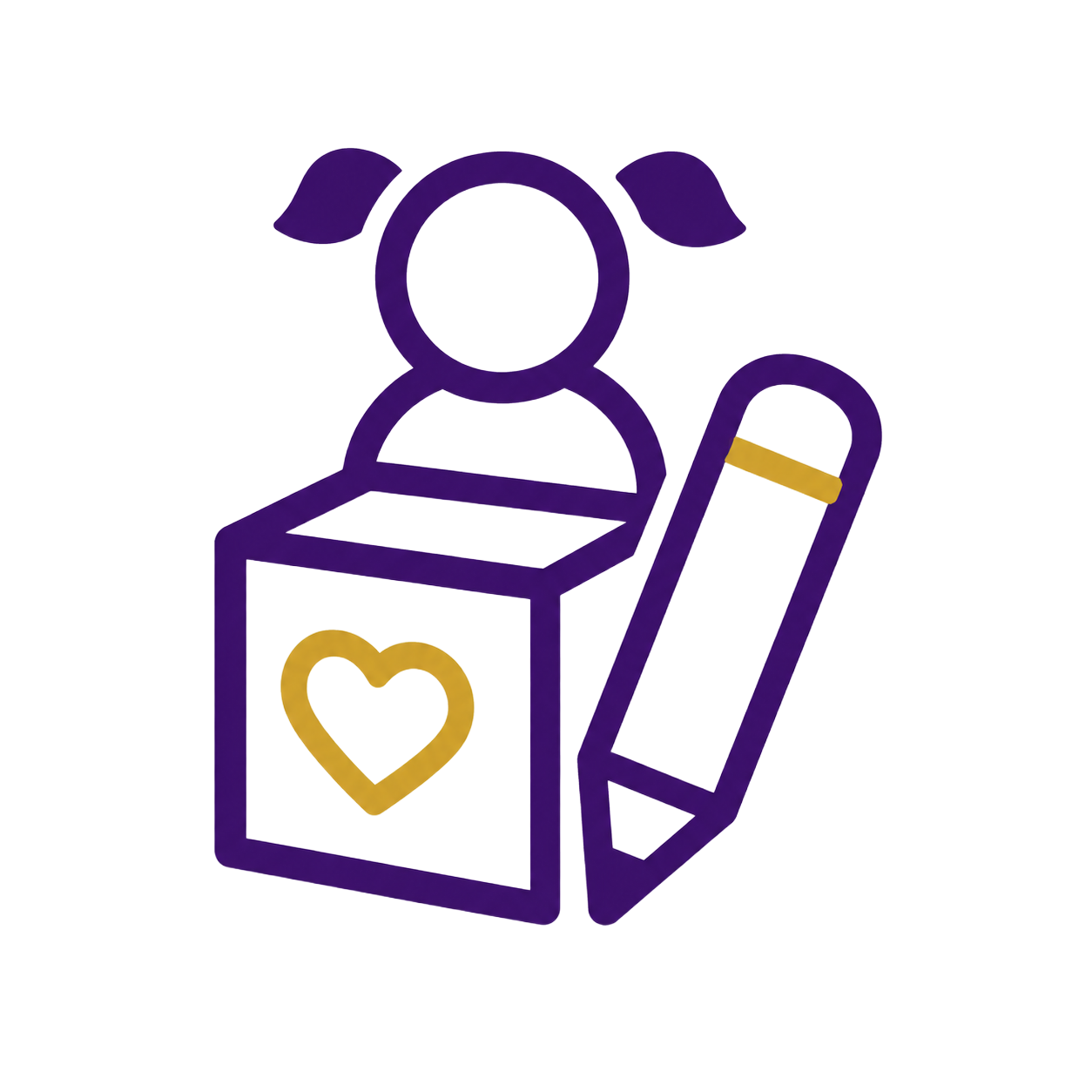Purple icon of a person behind a box with a heart and a pencil